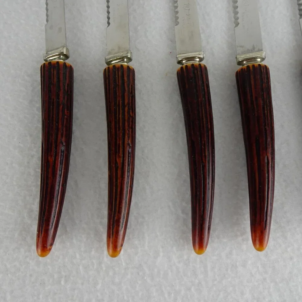 6 REGENT SHEFFIELD Steak Knives Stainless Blade Faux Antler Handle Original Box